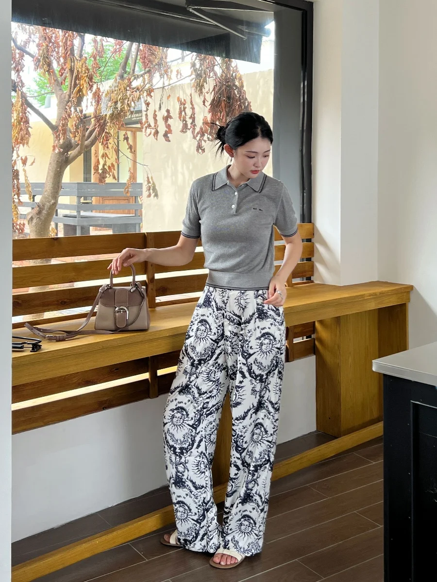 

ESLEUNG New Arrival High Waist Straight Leg Pants Bee Embroidery Sun Pattern Drapey Slimming Effect Acetate Fabric Casual Tro...