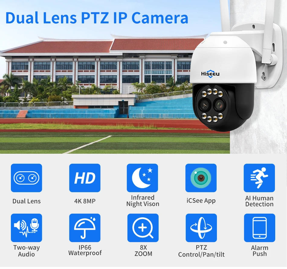 Hiseeu PTZ WLAN IP-Kamera 8MP Doppellinse 8-fach Zoom Außen HD Vollfarb-Nachtsicht Menschenerkennung Videoüberwachungskameras – Detail 1