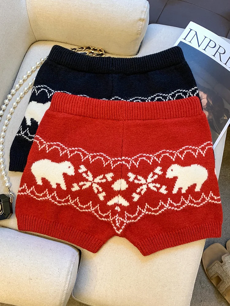 크리스마스 레드 빈티지 니트 반바지 여성 슬림 하이 웨이스트 스위트 프린트 반바지 미국 가을 겨울 여성 레트로 캐주얼 반바지