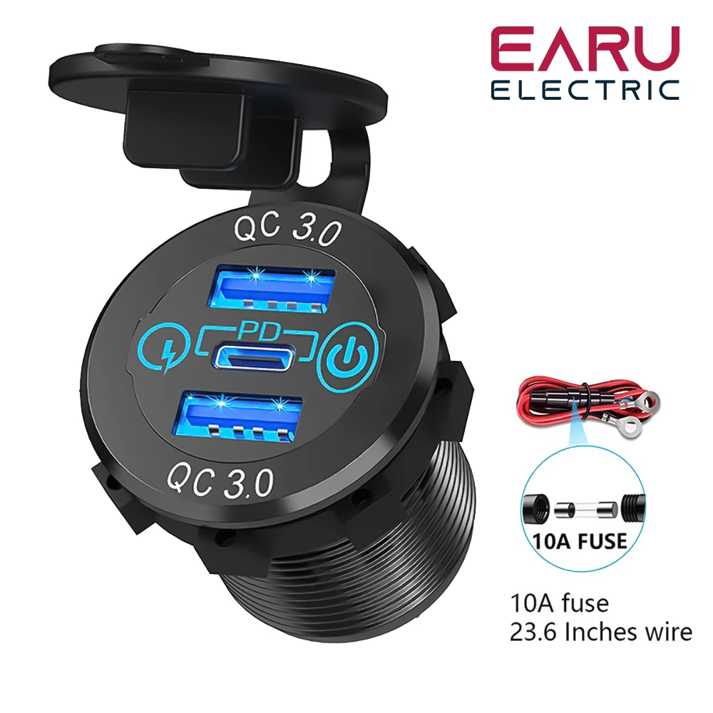 earu Car USB Charger Socket Metal 60W Car Charger 12V 24V USB Outlet PD USB-C & Two QC3.0 Ports Touch Switch For Boat Marine