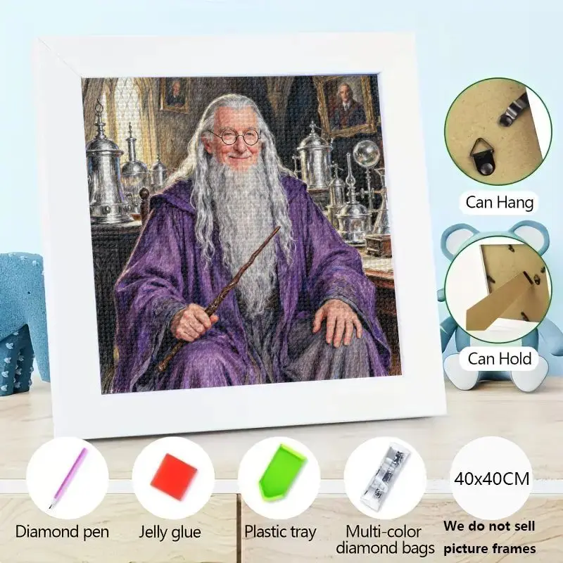 Albus Dumbledore Harry Potter Kit de pintura de diamante 5D DIY, artesanía artística de retrato de mago de taladro completo, anciano con varita bata púrpura llorada