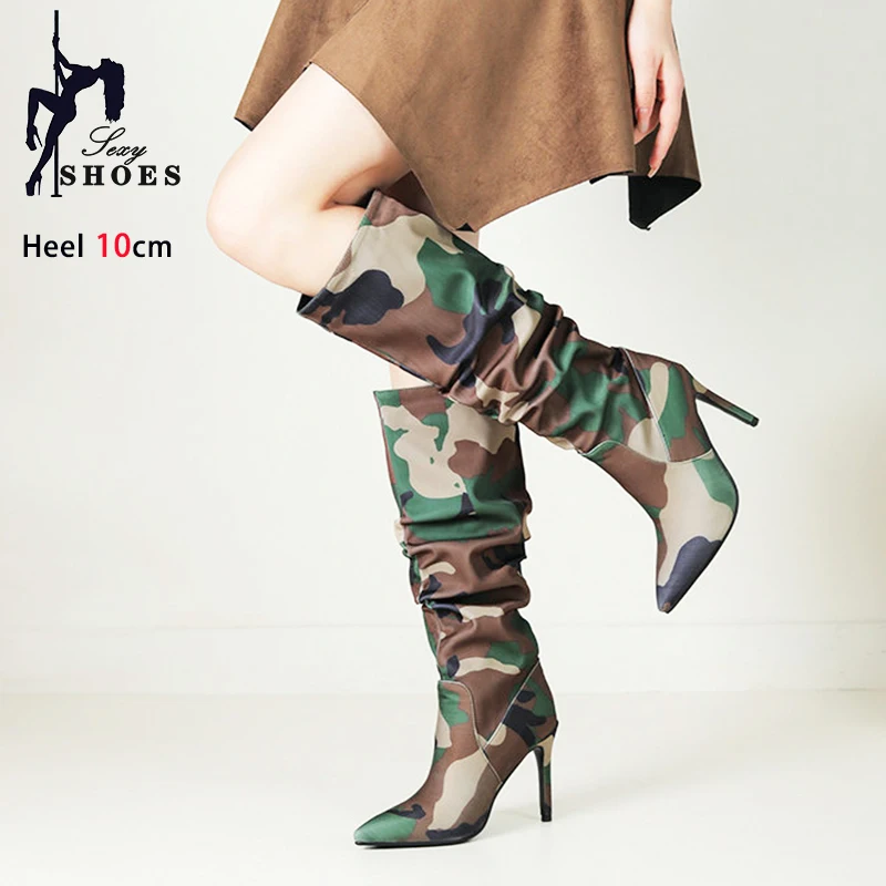 Stiletto Heel Boots Woman 10CM Mixed Colors Pointed Toe Heels Large Autumn Camouflage Boots Fashion Women Knee-High Long Shoes