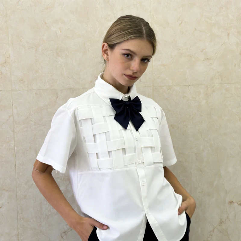 

Женская рубашка E-BAIHUI с коротким рукавом, отложным воротником, открытой передней частью и бантом, повседневная летняя модная свободная блузка на пуговицах, новинка