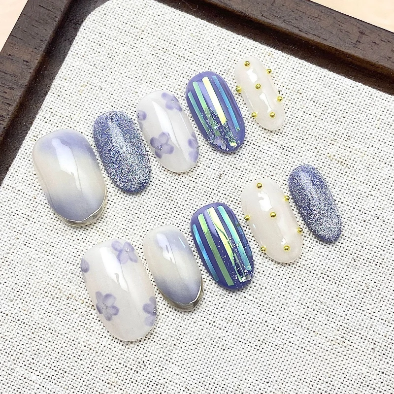 10 piezas francés simple pequeño fresco hecho a mano prensa en uñas flores azules difuminado hielo transparente uñas postizas removibles reutilizables
