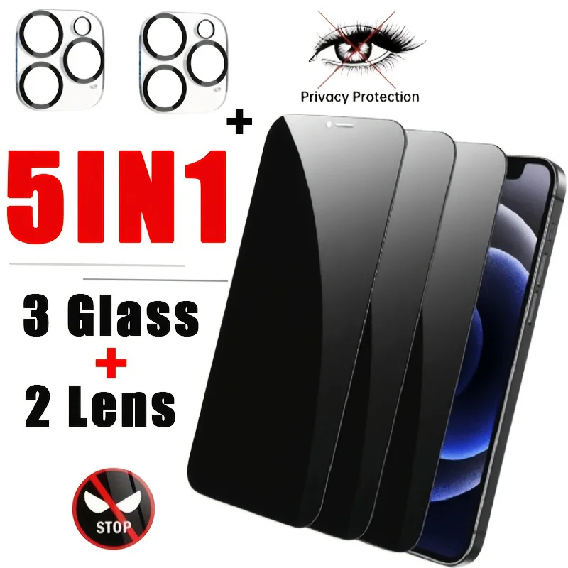 3Pcs Tempered Glass Privacy Screen Protector With 2Pcs Camera Lens Film for iPhone 17 16 Pro Max 16e 15 14 Pro Plus 13 12 11 Pro