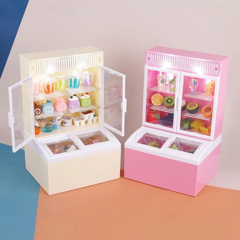 1:12 Dollhouse Miniature Beverage Freezer Glowing Supermarket Ice Cream Cabinet Model For Doll House Decor Accessories Toys