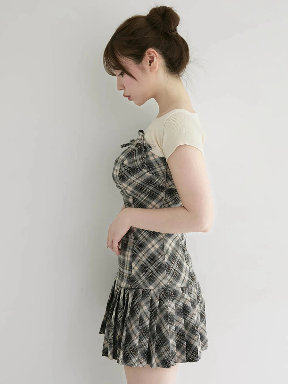 

Japanese Style New Summer Leakage Waist Plaid Suspenders Dress Pleated Mini Dress Short Sleeve Smock Women Bottoming Pants