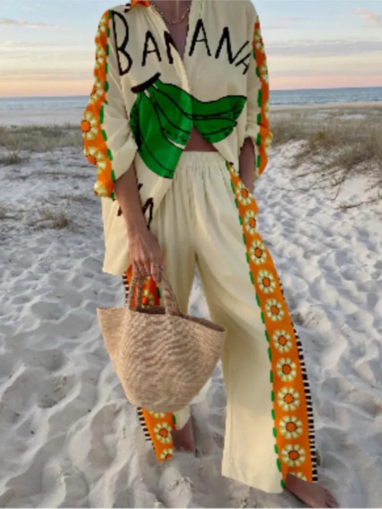 Casual Printed Two Piece Set Women Spring Summer New Fashion Comfort Holiday Button Long Sleeve Shirts And Wide Leg Pants 2 Sets