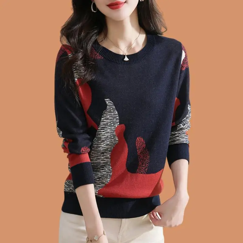 Vintage All-match Contrast Sweaters Autumn Winter Long Sleeve Plus Size Loose Casual Pullovers Top Elegant Office Women Clothing