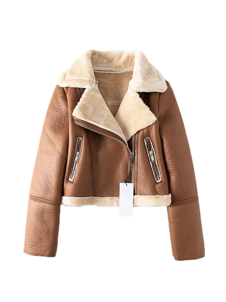 Streetwear Women Thick Warm Faux Leather Fur Short Jacket Autumn Winter Female Zipper Moto Biker Coat Outwear Tops