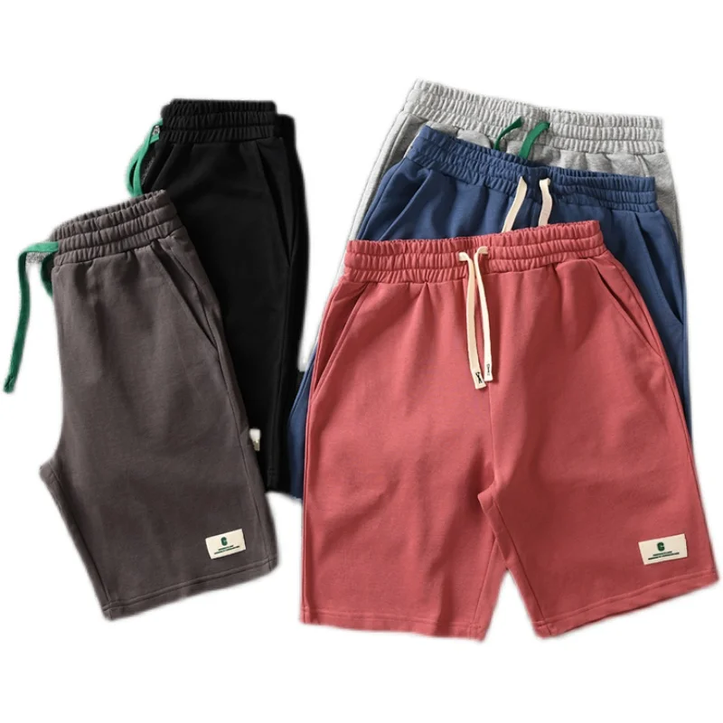 Pantalones cortos de parche blanco de rizo Retro americano para hombre, pantalones deportivos informales de 5 puntos, cintura elástica suelta