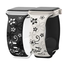 Silicone Strap for Apple Watch Band 41mm 45mm 40mm 44mm 42mm 46mm Floral Engraved Bracelet iWatch 6/7/8/9/10/SE/Ultra 2 49mm