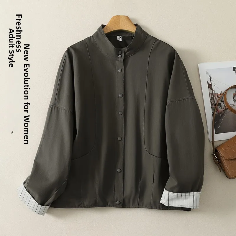 Ladies Fashion Outerwear Casual Loose Jacket with   Color Cotton Blend Spring Autumn New Style Women's Coat