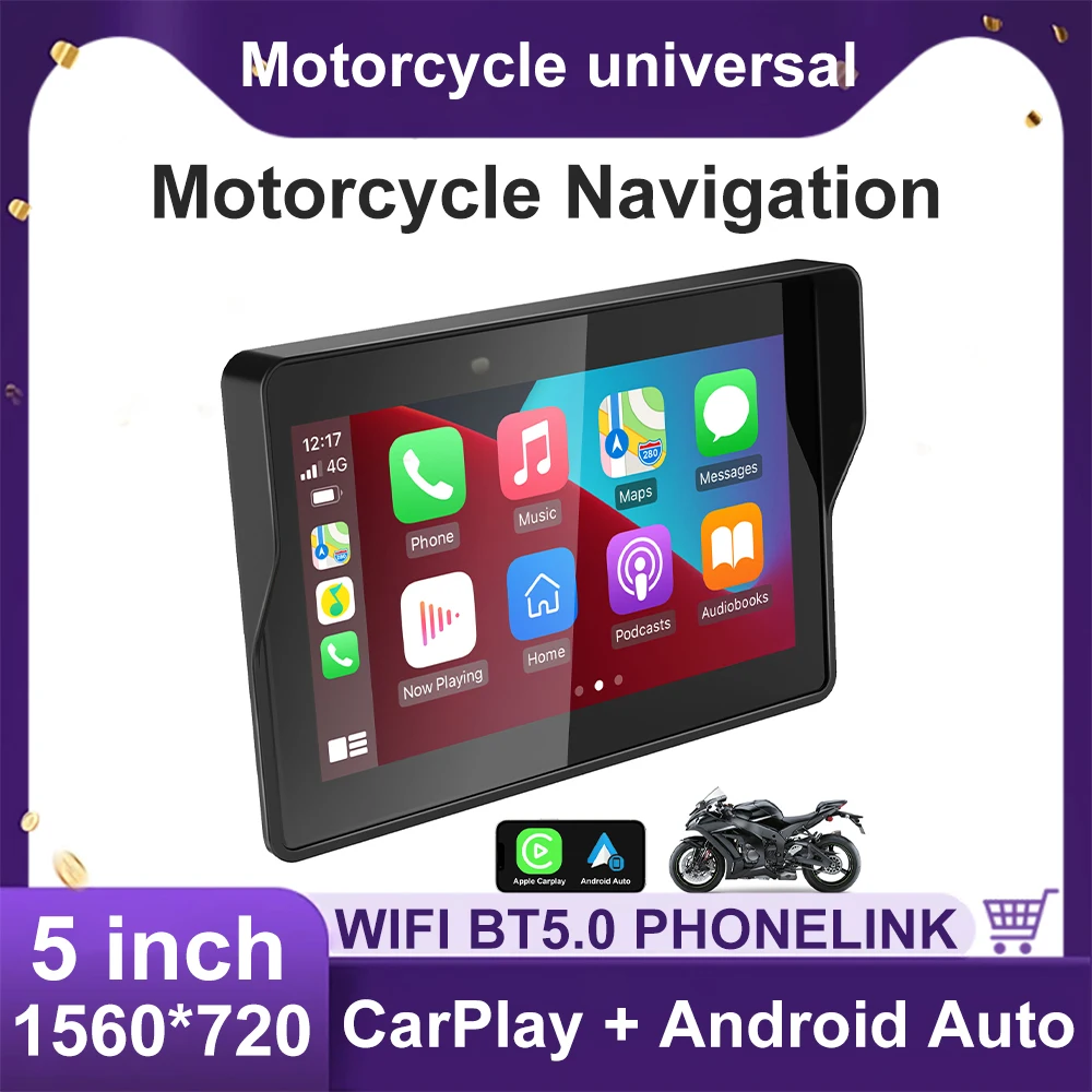 Pantalla de navegación portátil para motocicleta de 5 pulgadas, inalámbrica, CarPlay, GPS, Moto, Android, Monitor automático, resistente al agua
