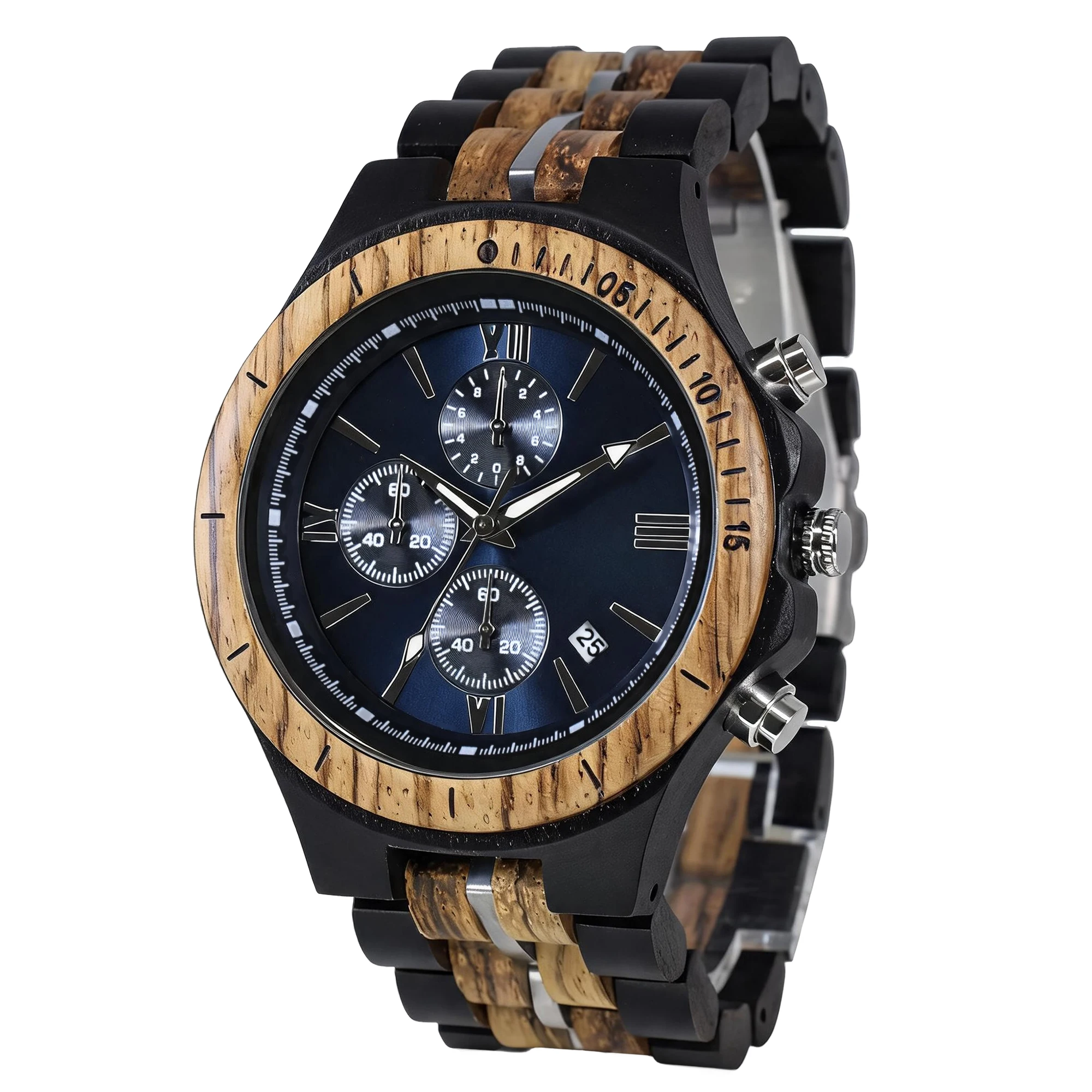Large Dial Steel Mixed Wood Quartz Watch for Men with Multifunction European Style Business Round Folding Clasp Wristwatch
