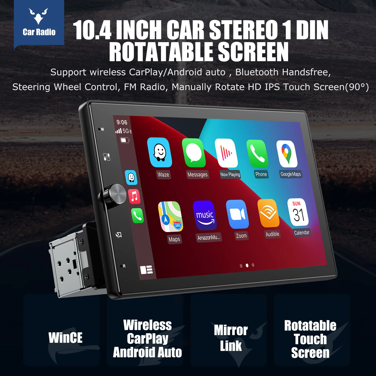 ESSGOO 10.1 بوصة للتدوير IPS شاشة تعمل باللمس واحدة DIN سيارة ستيريو رئيس وحدة لاسلكية Carplay أندرويد راديو تلقائي USB AUX TF