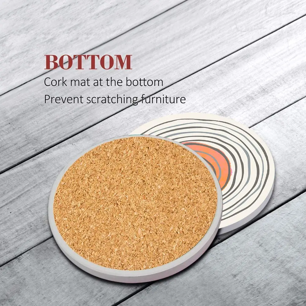 6pcs Drink Coasters ,Watercolor Graffiti Circle Flower Absorbent Round Ceramic Stone Cushion with Cork Base and Metal Stand