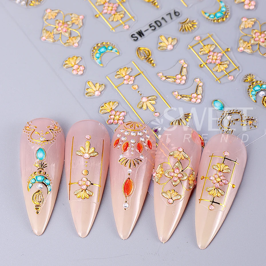 5D Moon Star Flower Nail Art Stickers Decoration Bohemian Style Sun Gem Line Pattern Decal DIY Manicure Sliders Nail Supplies