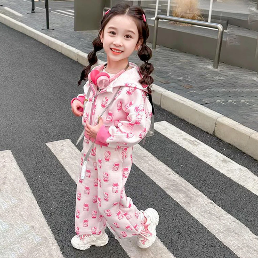 2Pcs Children\'s Set Sanrio Hello Kitty Aesthetic Girl Korean Fashion Zipper Hoodie Wide Leg Pants Y2K Tops Trousers Matching