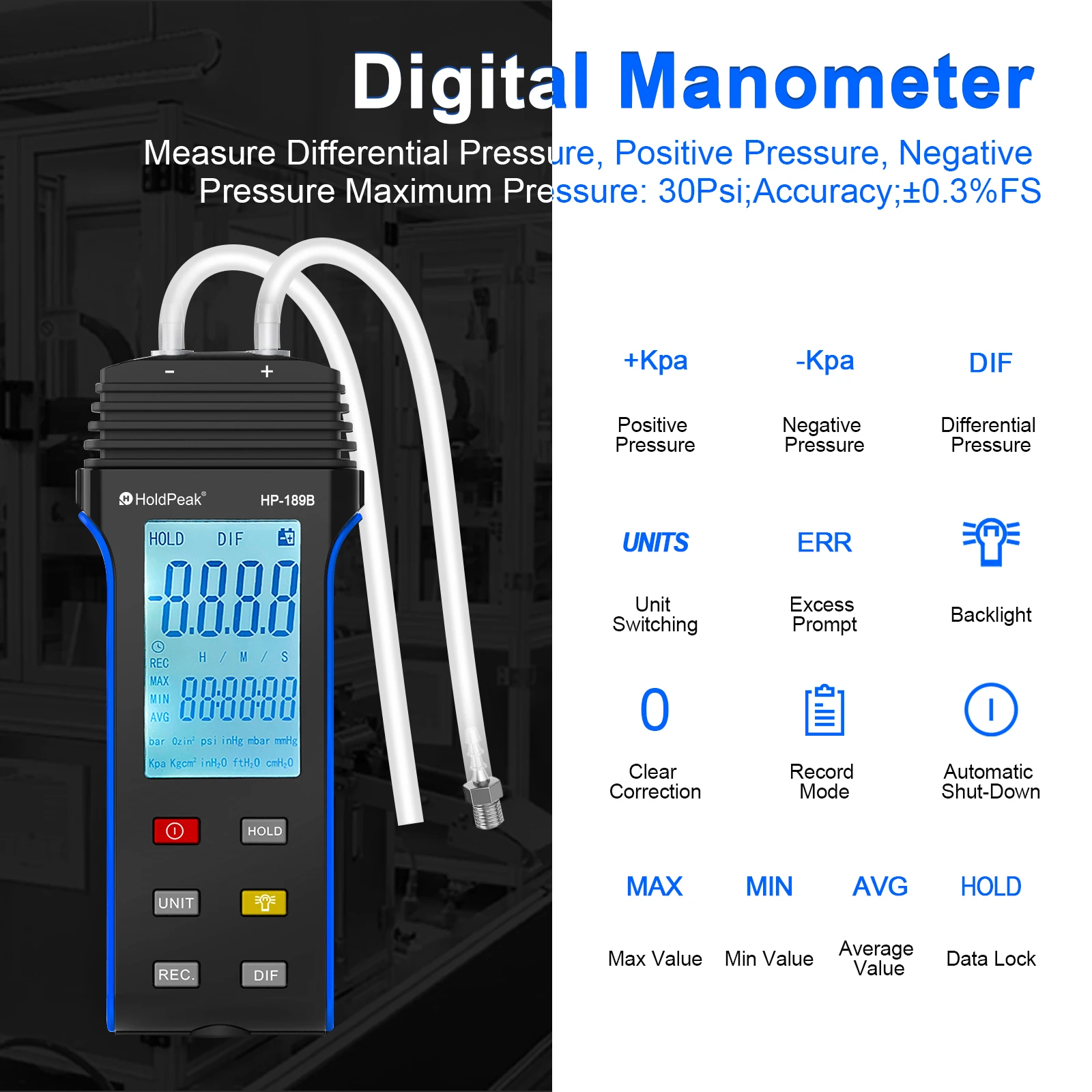

HP-189B Digital Differential Pressure Gauge,11 Units Switchable, Max 30PSI, HVAC Tool for Air/Gas Pressure Measu