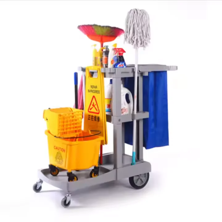 

Commercial Plastic Cleaning Cart with Linen Bag, Mobile Trolley for Hotel Housekeeping and Shopping Center