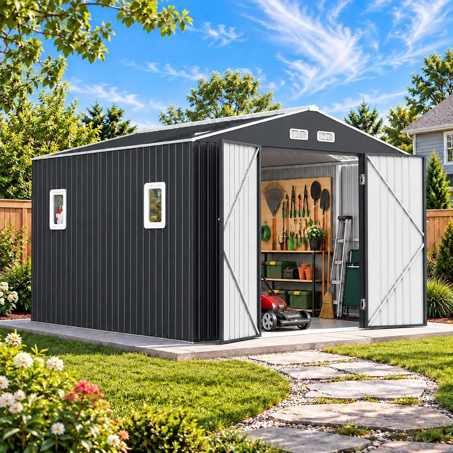 10x10 FT Metal Storage Shed with Window Lockable Doors & Roof Vents, Customized