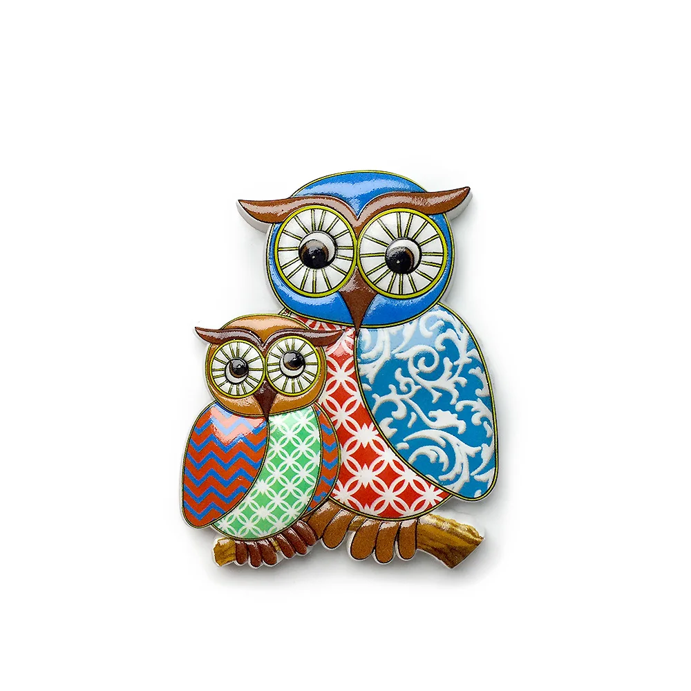 Resin Owl Family Magnetic Refrigerator Decor - Colorful Patterned Fridge Magnet - Unique Home Decor Gift