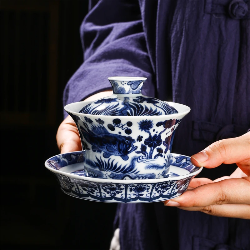 

Jingdezhen Handmade Firewood Kiln Flower Fish Algae Pattern Horseshoe Tureen Cup Guest Teapot Height Clay Kombucha