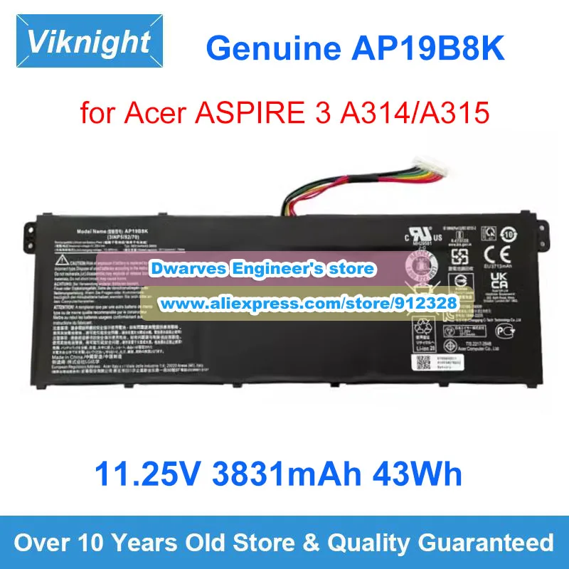 Genuine AP19B8K Battery 11.25V 3831mAh 43Wh for Acer Aspire 3 A314-22 A315-23 Series A314-22-A1YZ A315-23-R7S8 A315-23-R9BD