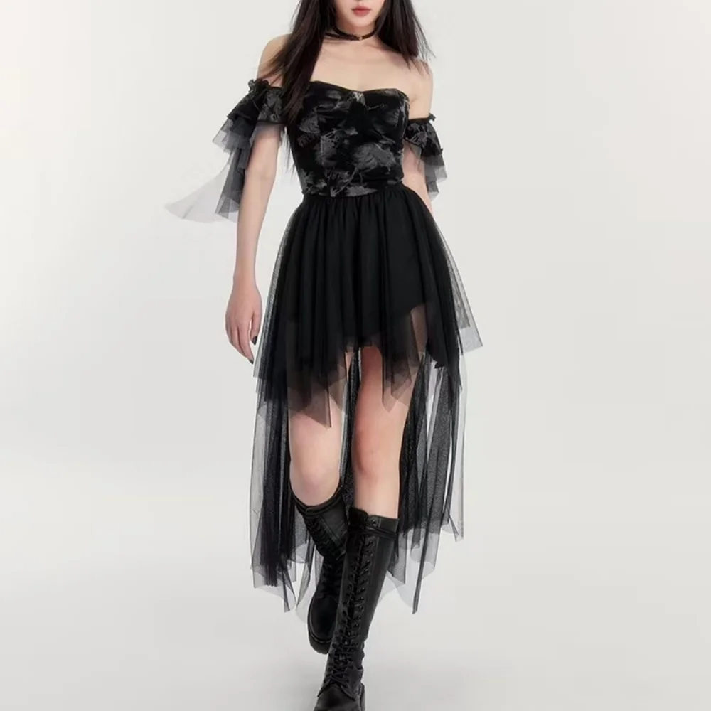 Sexy Gothic Skirts For Women Hotsweet Irregular Mesh Black Skirt Streetwear Elastic Waist Front Short Back Long Y2K Lady's Skirt
