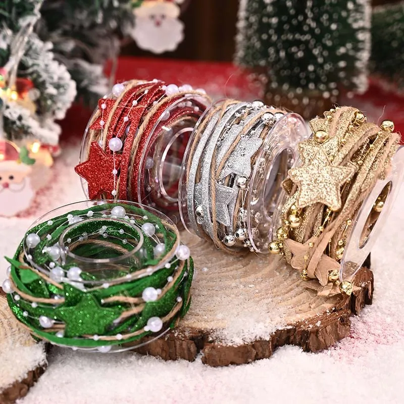 2 Rolls Christmas Beaded Chain Ribbon Bouquet Wrap Woven Glitter Star Tape for Gift Packaging 5 Yards/Roll
