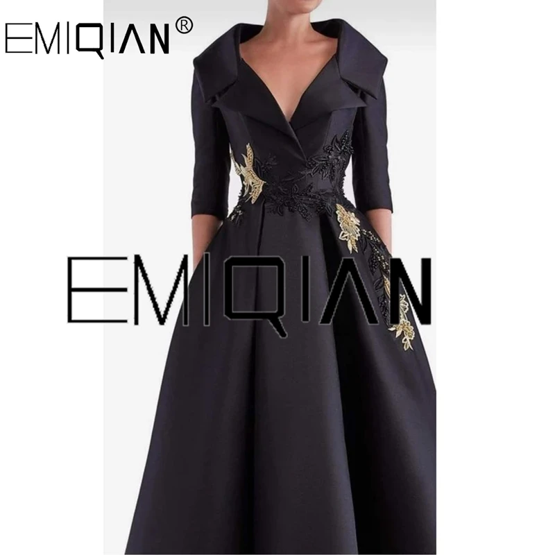 Luxury Black Evening Dress V-Neck Half Sleeve Appliques Floor Length Satin Pleat Formal Occasion Elegant Women Special Party