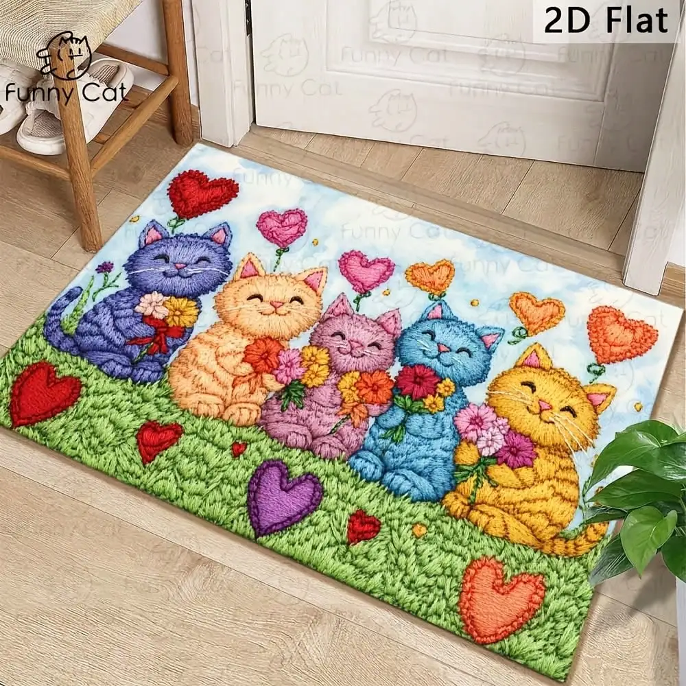 

Фланелевый коврик для двери с вышивкой 2D-рисунком «Пять разноцветных котят в цвету» — веселые кошки, окруженные цветочными композициями.