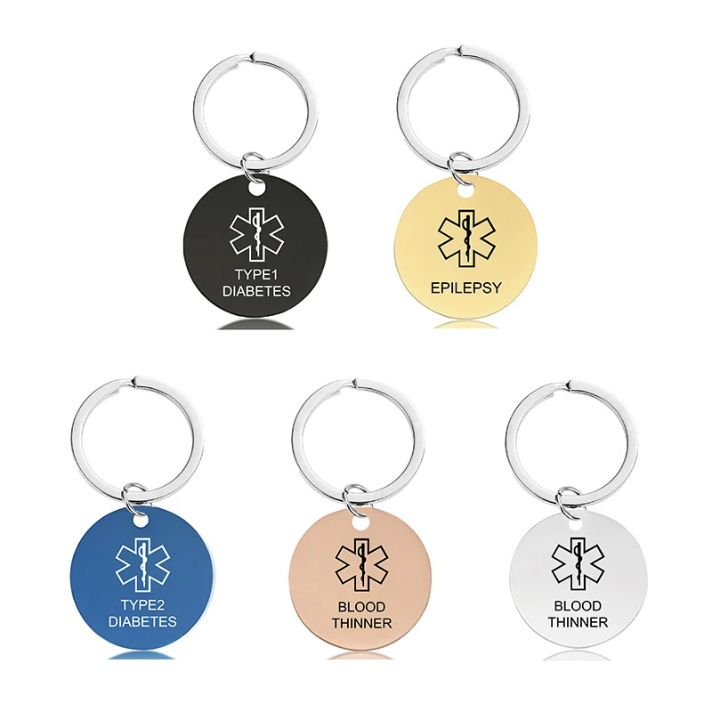 Stainless Steel Diabetic Key Chain Star of Life Diabetes Round Keyrings Medical Alert ID Pattern Jewelry for Women Men Gifts