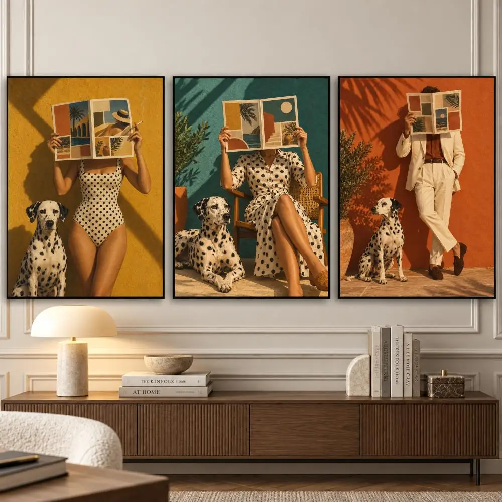Dalmatian Holiday Painting Calligraphy 3 PCS Vintage Fashion Canvas Wall Art Prints for Living Room Decor