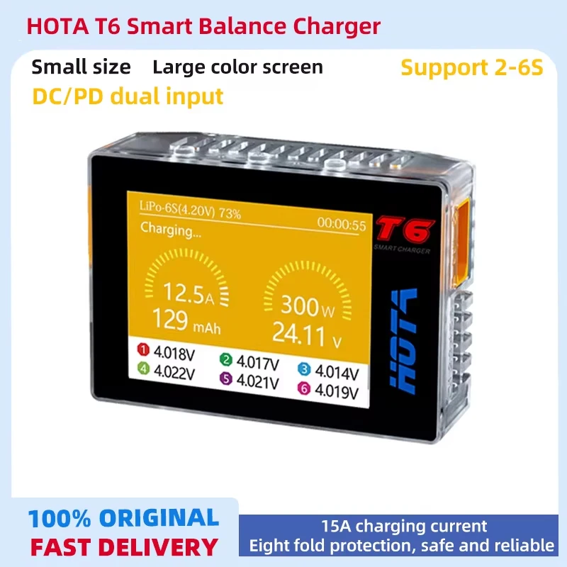 

HOTA T6 Smart Charger DC/PD Dual Input 300W 2.4IPS Supports XT60 and TYPE-C Interfaces Compatible PD3.0 FPV RC Battery Charger