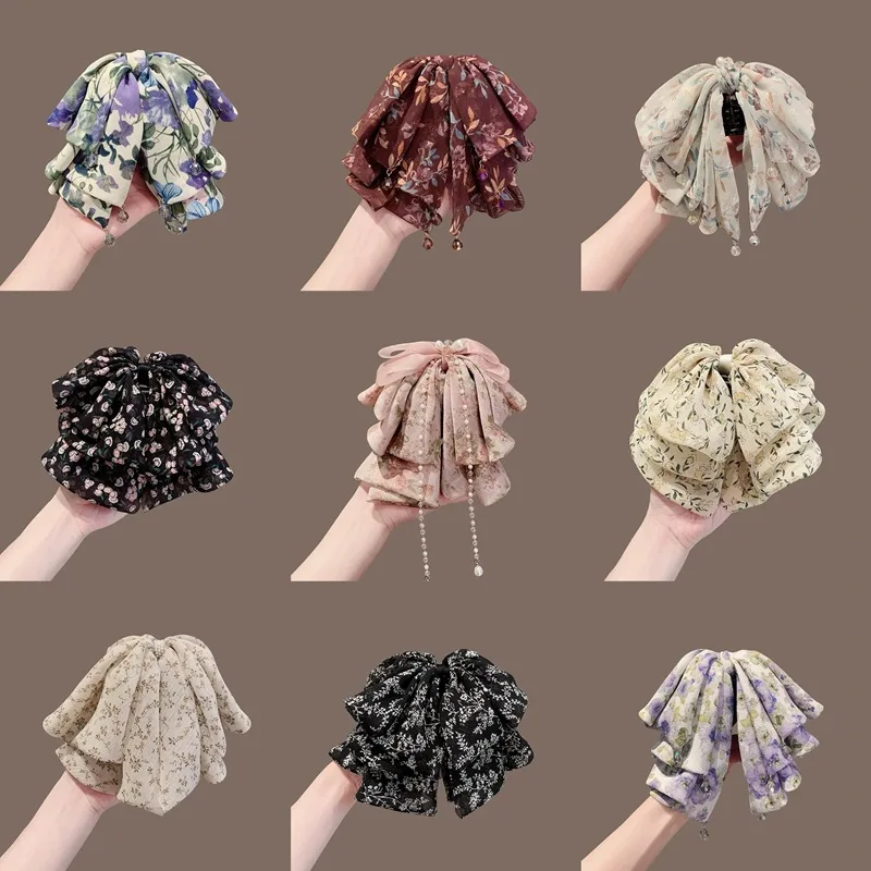 

Летняя заколка с цветочным принтом, большой бант, лента, заколка для волос для женщин, держатель для хвоста на спине, нескользящая мода