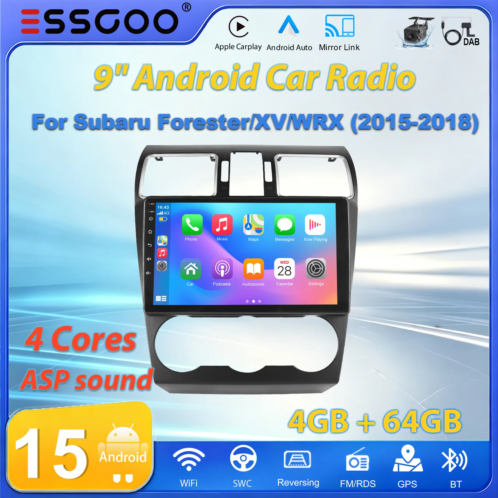ESSGOO 9" 2 DIN Android15 Autoradio Carplay Android Auto für Subaru Forester/XV/WRX 2015-2018 RDS GPS WIFI Multimedia Autoradio FM SWC Bluetooth Mirror Link SWC Touchscreen Multimedia-Player Dab+