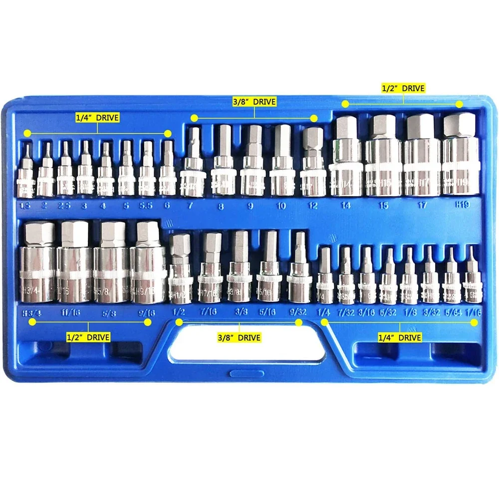 34pcs Master Hex Bit Socket Set Allen Wrench Bit Kit Hex Key for Ratchet Socket Tool Metric 3/8, 1/4, 1/2 Drive Socket