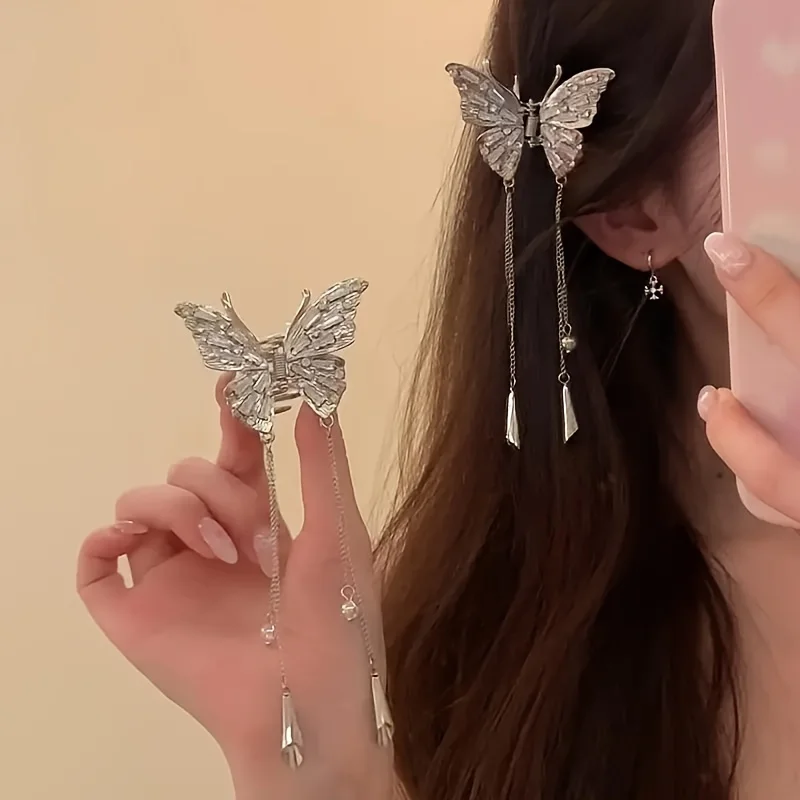 1pc simple diamond butterfly hair accessories, elegant Chinese hair clips, women\'s hair festival accessories, fringe wind chimes