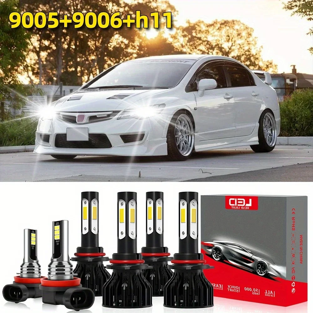 Fit For Honda Civic 2007-2015 LED Headlight Hi/ Lo Beam+Fog Bulbs Combo 9005 9006 H11 500% Brightness Bright 25000LM 6000K White