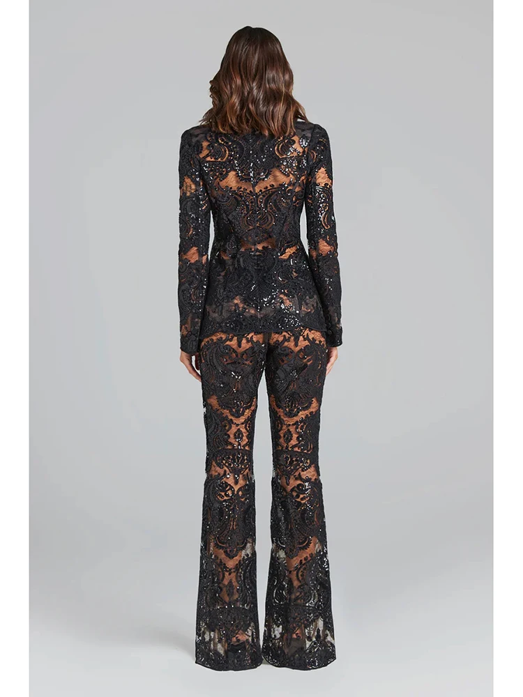 HIGH STREET Newest 2024 Designer Runway Suit Set Women's Single Button Guipure Lace Blazer  Flare Pants Set