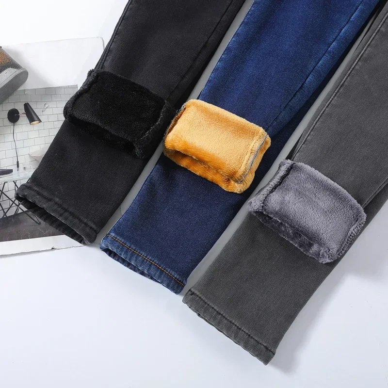 Winter Warm Fleece Skinny Thermal Jeans Women Plush Stretch Jeans Lady Snow Denim Pants Student Pencil Outdoors Trousers Girl