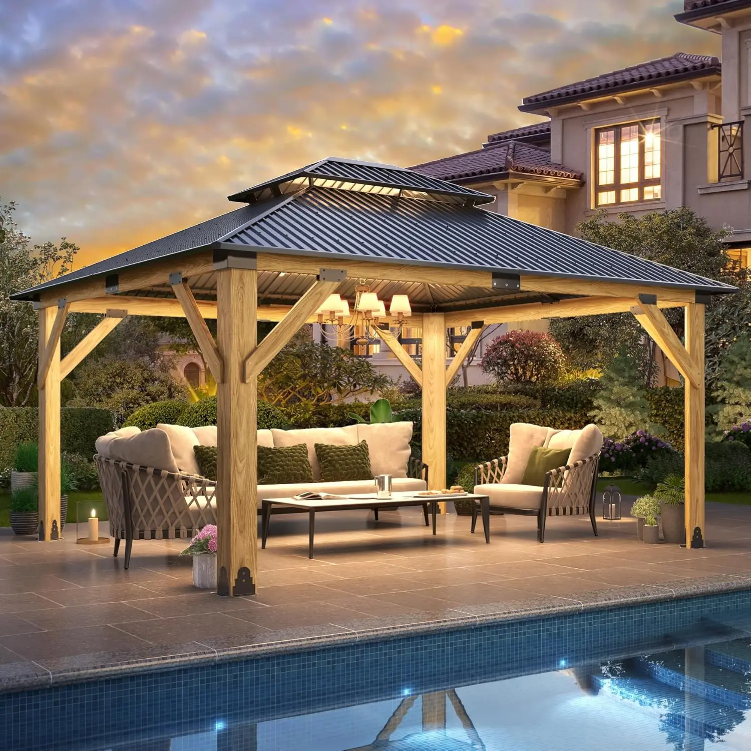 

13x15FT Wood Frame Hardtop Gazebo Galvanized Steel Double Roof Outdoor Garden Patio Deck Backyard, Custom