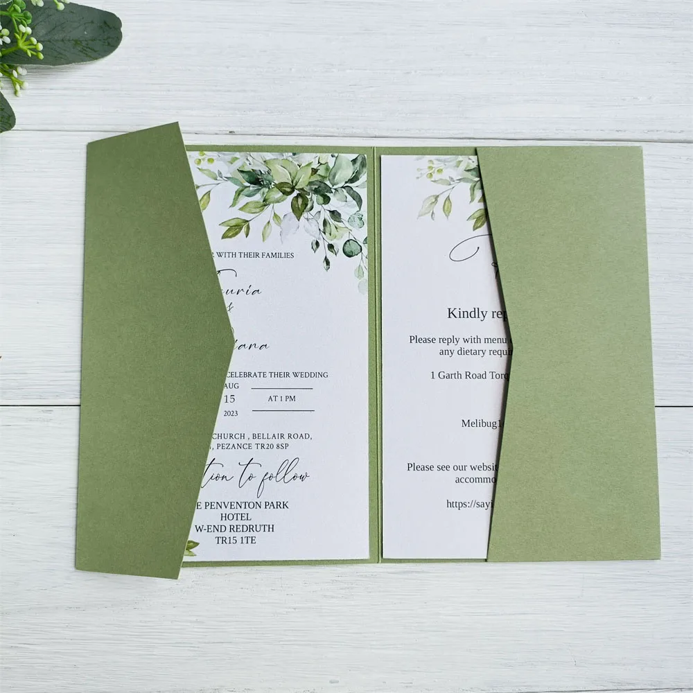 Olive Green Invitation Pocket Envelope, Customized Invite RSVP prinitng, 50 Sets