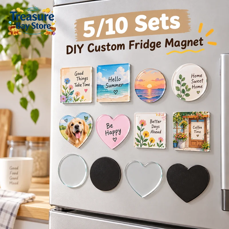 5/10Pcs DIY Refrigerator Magnet Kit,Transparent Acrylic Square Round Heart Blanks With Magnetic Sheet, Home Decor Craft For Kids