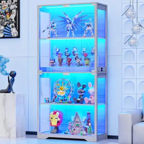 Display Cabinet with Glass Doors, 4-Tier Display Case, Black | Curio Cabinet with 3 Color Lights for Collectibles