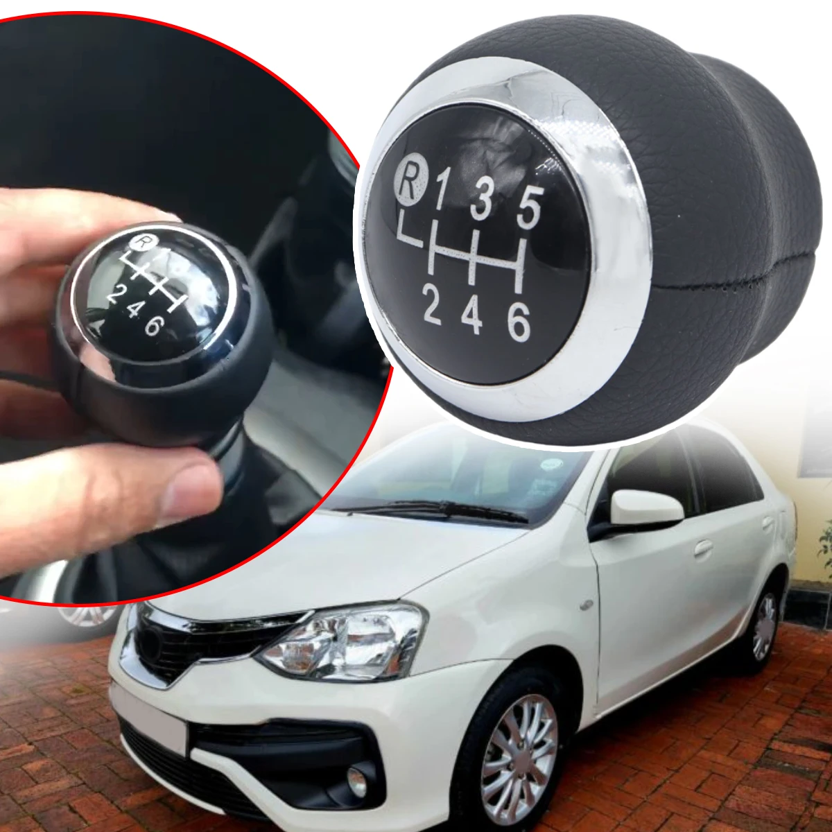 

For Toyota Etios 2010-2023 Pu Leather Gear 6/Round Head R Up Shift Knob Stick Lever Pen Shifter Handball Chrome M12 Cover Parts