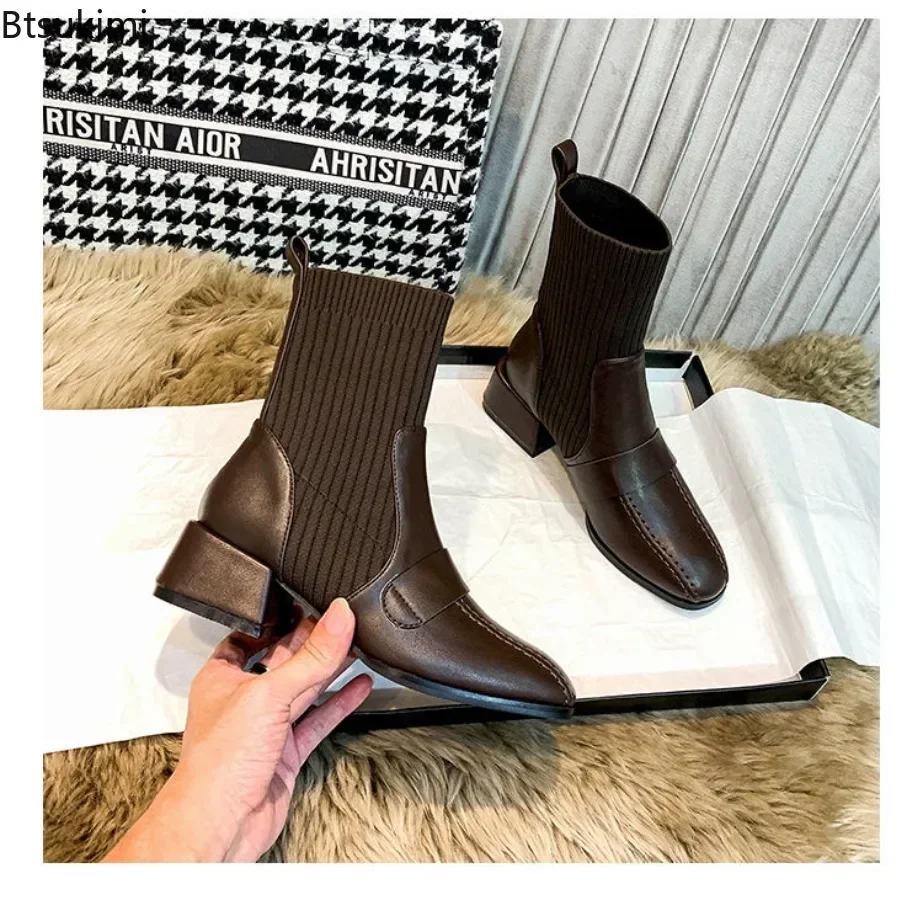 2024 Women's Fashion Short Boots Martin Boots Female Medium Heel Light Socks Shoes British Ladies' Short Boots Zapatos De Mujer