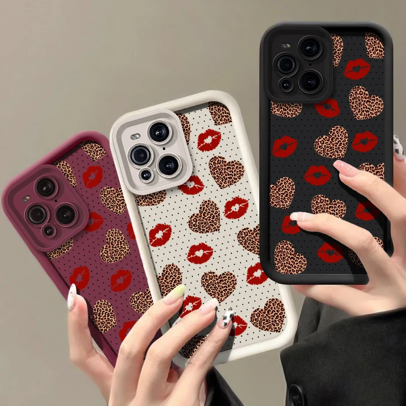 حافظة هاتف فاخرة مضادة للصدمات لهاتف OPPO F19 Pro Plus F19S F21 Find X8 X5 Pro X3 Lite F9 F17 ليوبارد الحب القلب الشفاه غطاء مطبوع